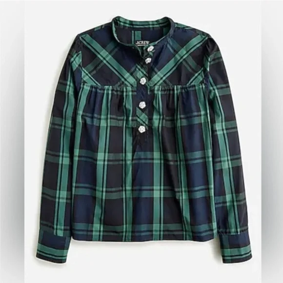 NWT J. Crew Women’s Fresco Top with Jewel Buttons Black Watch Tartan Holiday - Picture 6 of 10